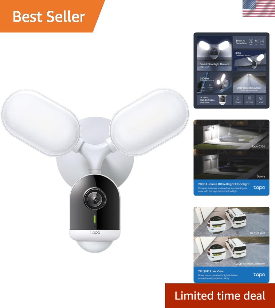 2K QHD Floodlight Camera for Outdoor Security, Wired, 2800 Lumens, 270° Motio...