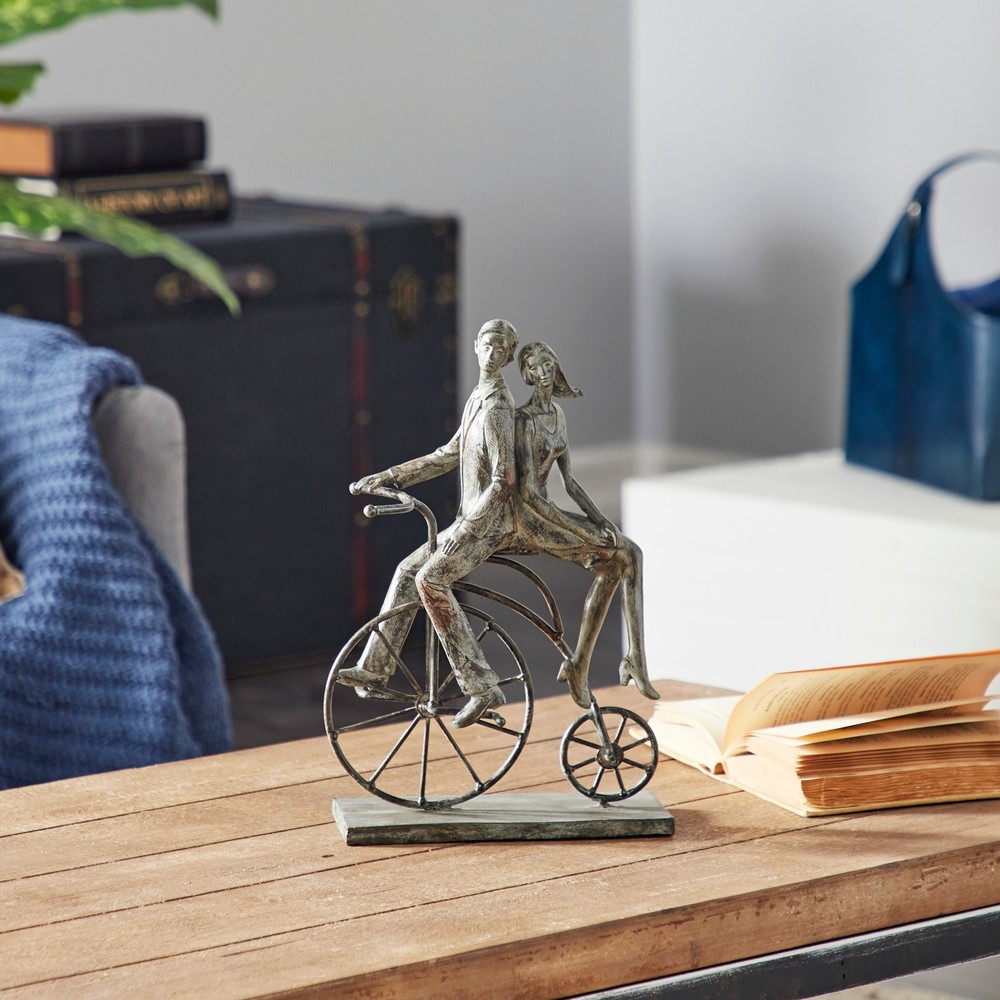 Gray Polystone People Sculpture with Bike - 9 x 5 x 13 Grey 9 x 5 x 13