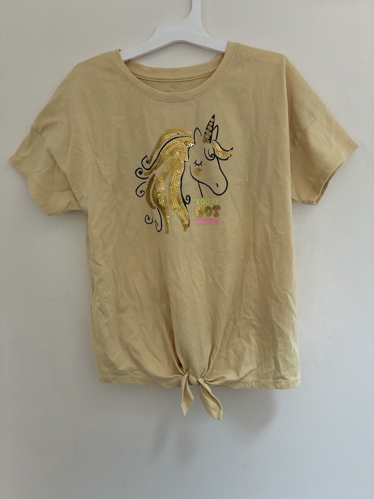 Wonder Nation Kids Girls Gold Sequin Unicorn Tie-Front Cotton T-Shirt Yellow L