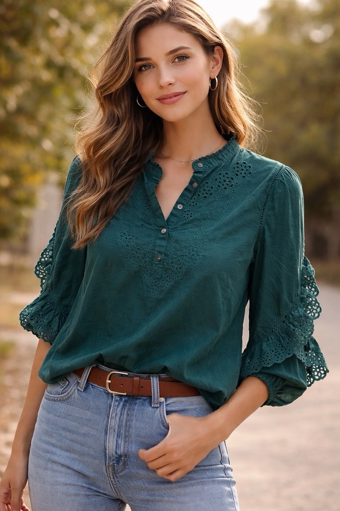 J Crew Teal Embroidered Eyelet Blouse Ruffle Neck Boho Long Sleeve Women Size S