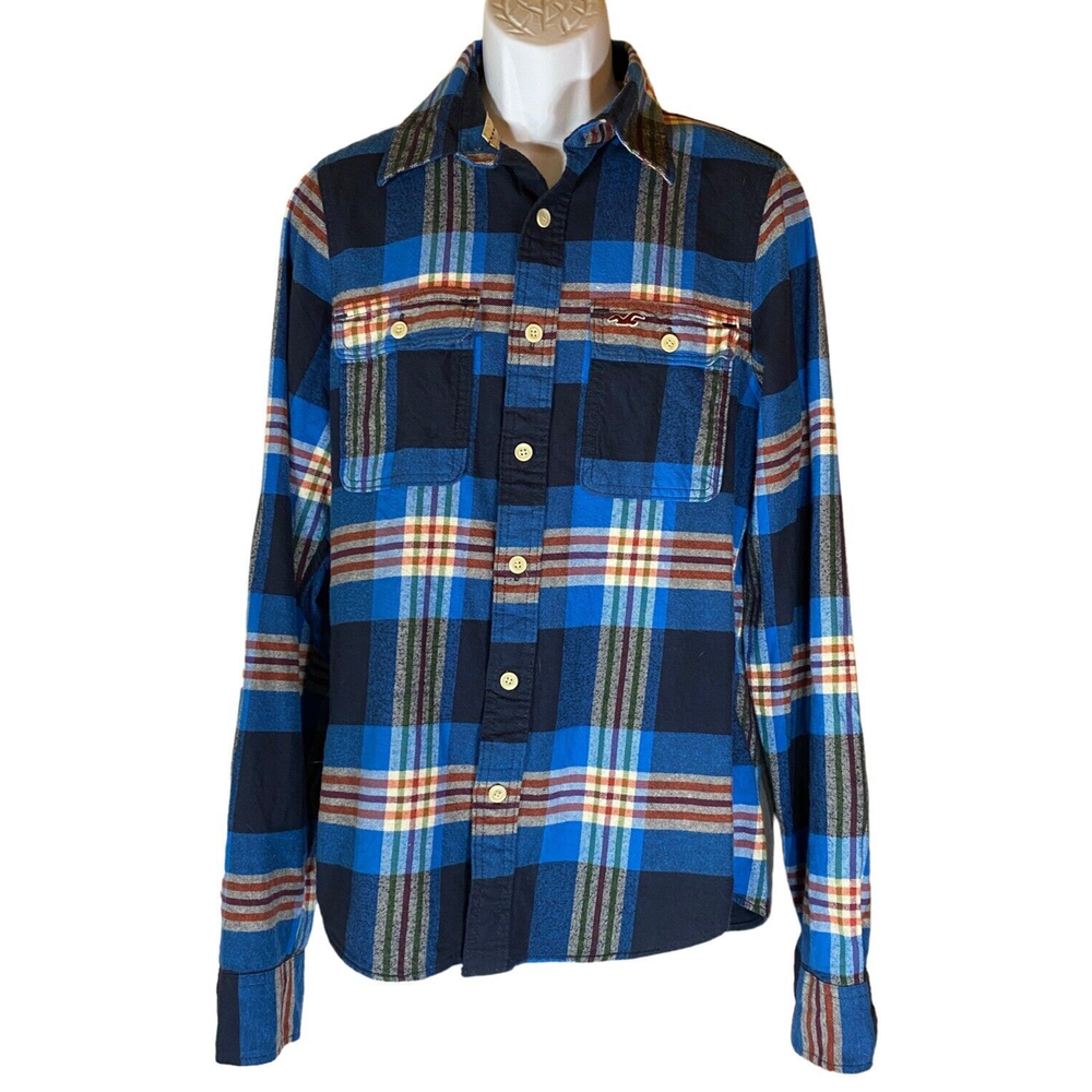Hollister Mens L Button Up Shirt Blue Orange Plaid Flannel Front Pockets