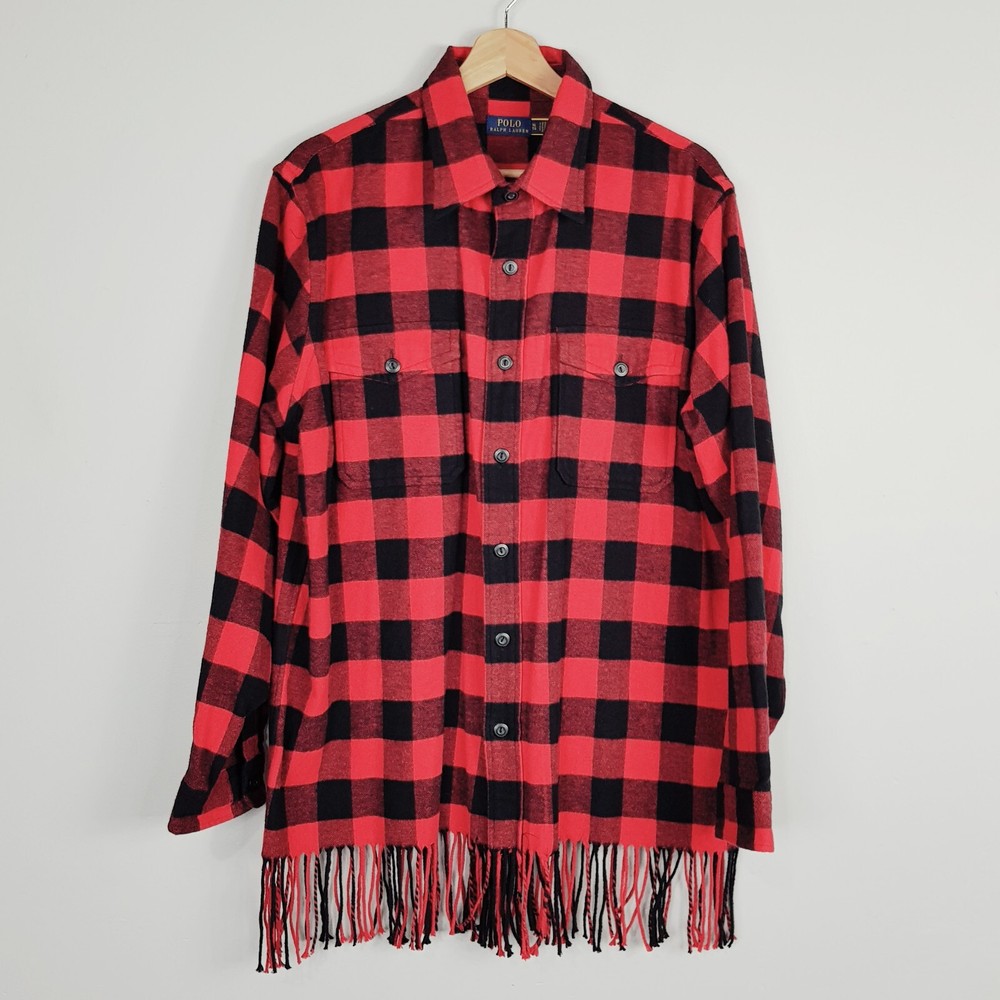 RALPH LAUREN Polo Womens Size XL or 16 Fringe Trim Plaid Shirt / Overshirt