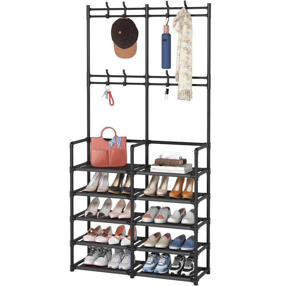 5-Tier Black Entryway Coat Rack with Shoe Storage and Bench