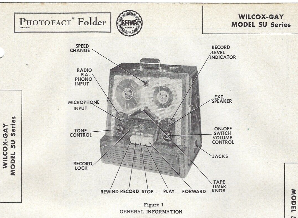 1956 WILCOX-GAY 5U Recordio REEL To REEL Tape Recorder Photofact MANUAL Vintage