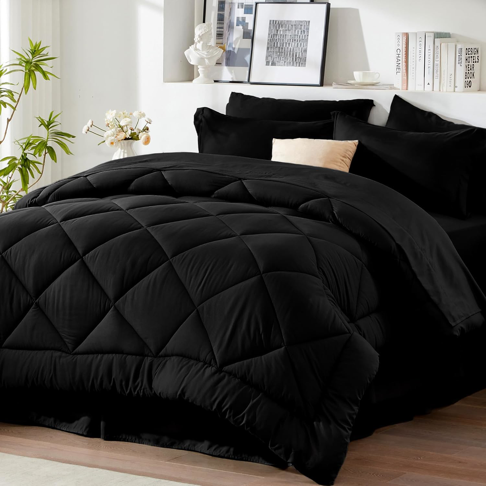 Queen Bed in a Bag 8 Piece Comforter Set Black All Season Bedding Set