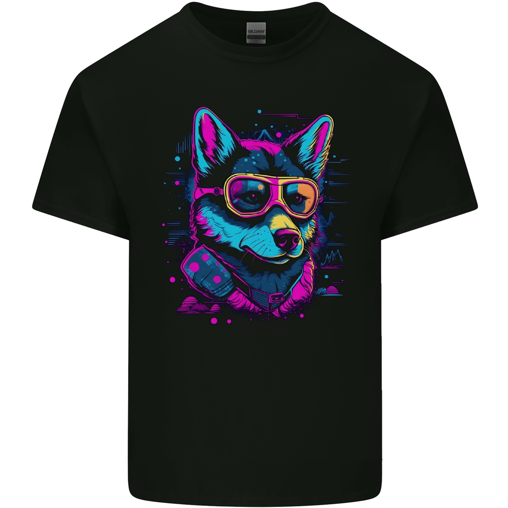A Retrowave Husky Dog Mens Cotton T-Shirt Tee Top
