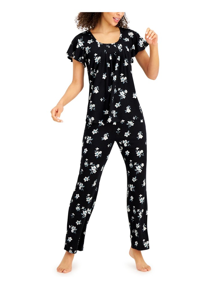 CHARTER CLUB Womens Black T-Shirt Top Straight leg Pants Stretch Pajamas XS