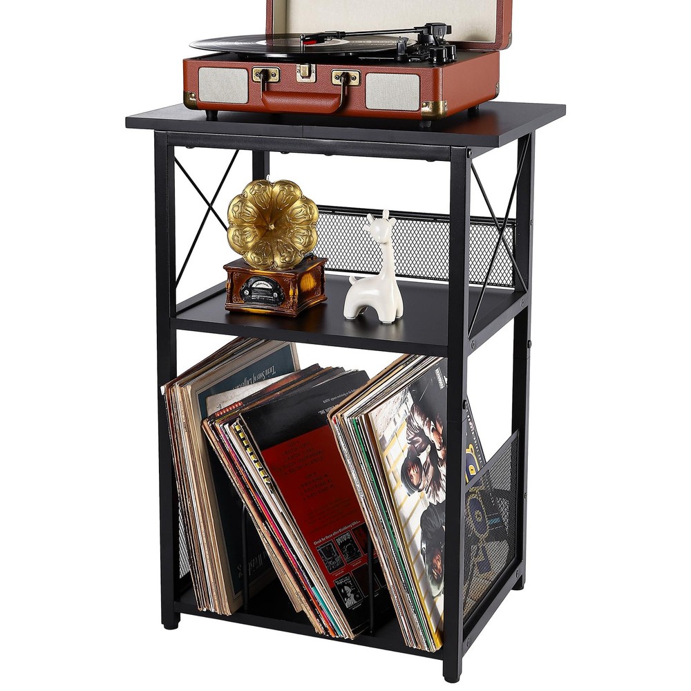 Vintage 3-Tier Record Player Stand with Storage for 100 Vinyl Albums Side Table
