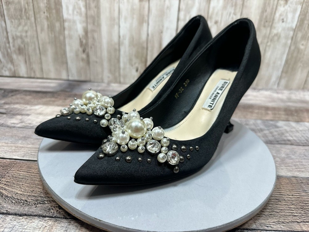 Sure Annite Black Satin Pearl & Rhinestone Heels for Evening Parties - Size 6