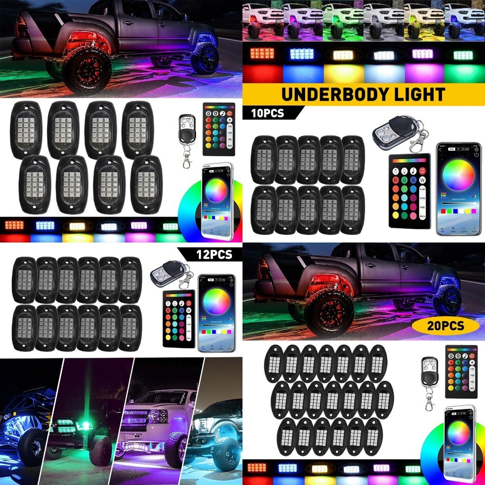 APP Control 10 Pods RGB LED Rock Light Kit Bluetooth Underbody Glow Neon Lights
