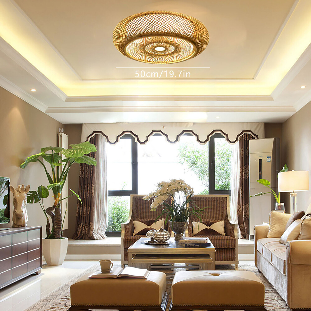 Bamboo Wicker Rattan Ceiling Light Flush Mount Lamp Restaurant Art Decor Fixture