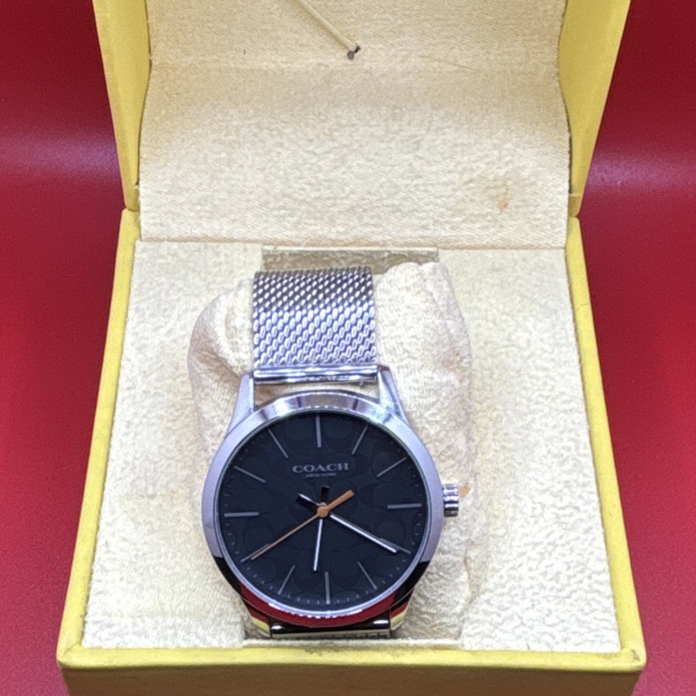 Coach New York Silver Mesh Band Men's Wristwatch, Black Dial, Stainless Steel