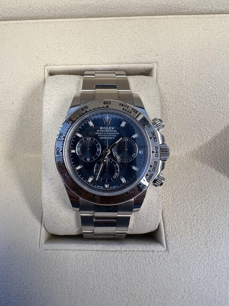 Rolex Daytona Blue Dial White Gold Box and Papers