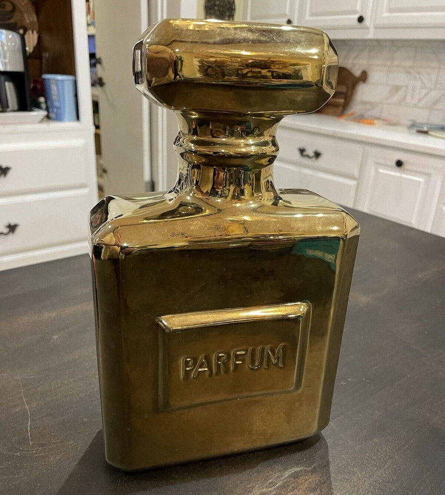 Large 11” Perfume Bottle Shaped Gold Tone Coin Bank B132