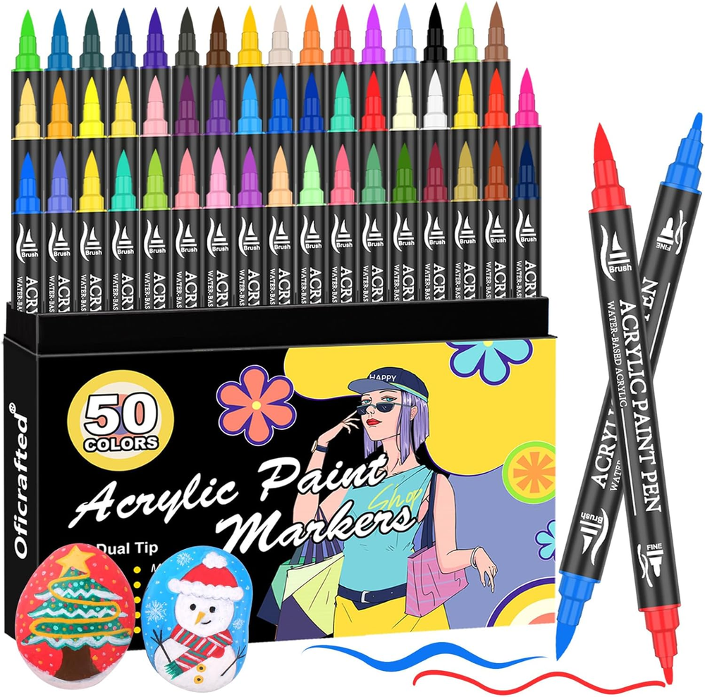 Acrylic Paint Pens, 50 Colors Dual Tip Markers with Fine and Brush Tip, Premium