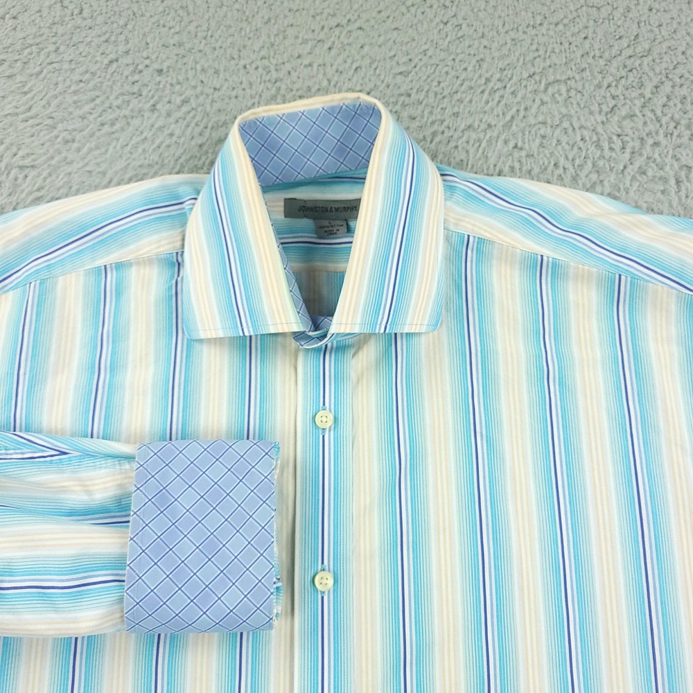 Johnston & Murphy Shirt Mens Large Blue Striped Button Up Dress Long Sleeve