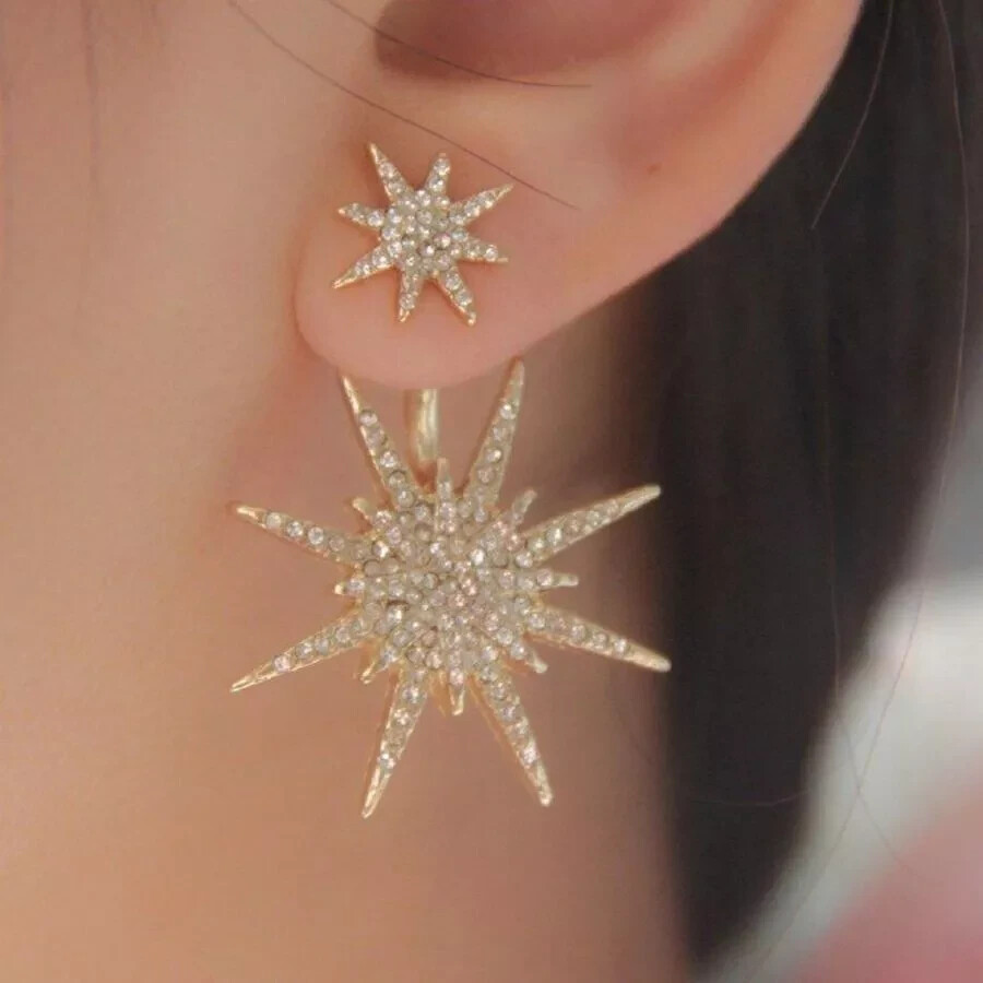Ladies Crystal Rhinestone Big Double Six-pointed Star Ear Stud Party Earrings