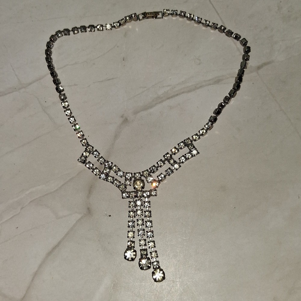 Sparkling Prong-Set Triple Drop Rhinestone Necklace in White or Colorless