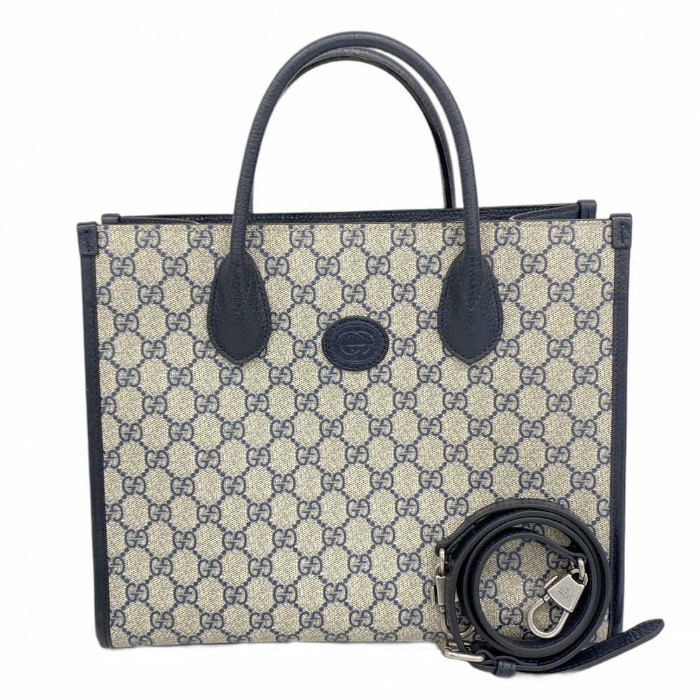 GUCCI GG Supreme Navy Tote Bag with Silver Hardware 659983 PVC 586718