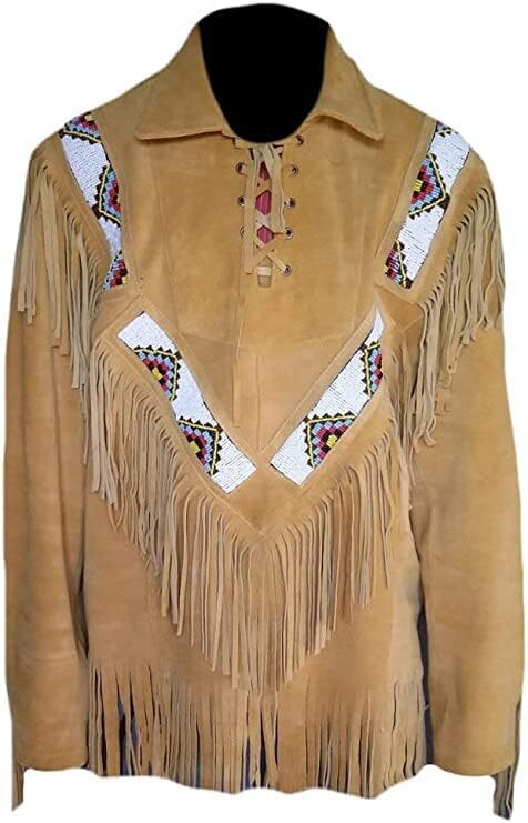 Brown Western Suede Jacket Men Native American Cowboy Fringe Pull Over Shirt