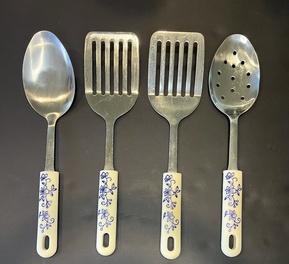 Vintage Temptations Cooking Utensils Blue And White Set Of 4 Spatula Spoon
