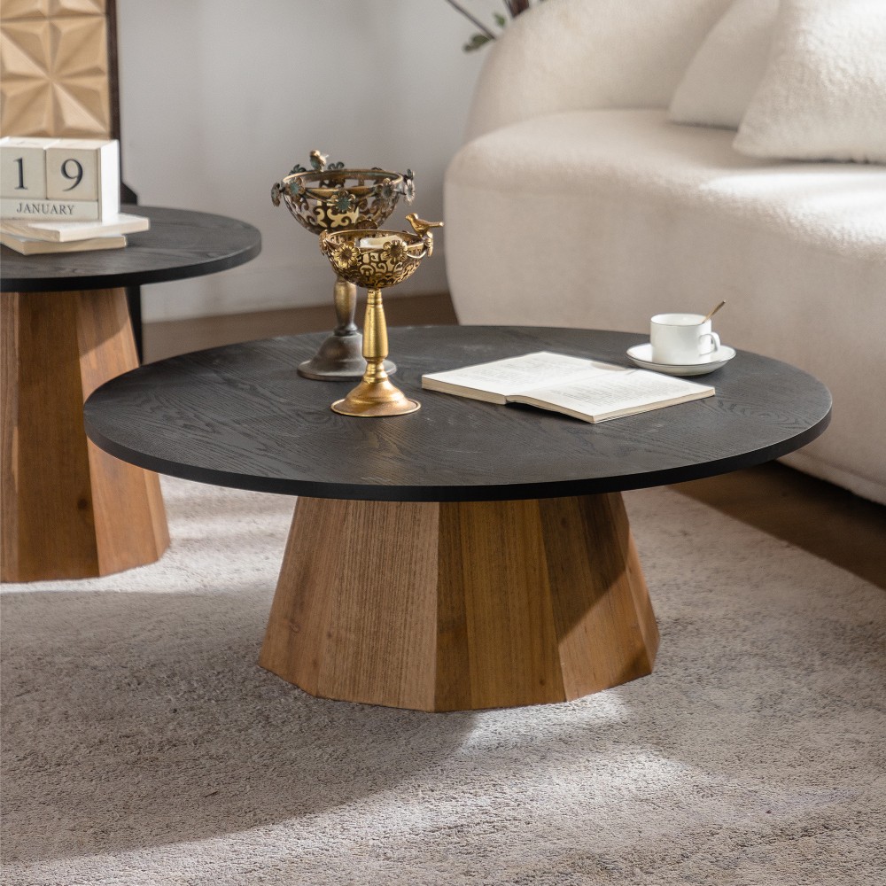 Round Wooden Coffee Table Sturdy Pedestal Easy to Assemble Living Room Tea Table