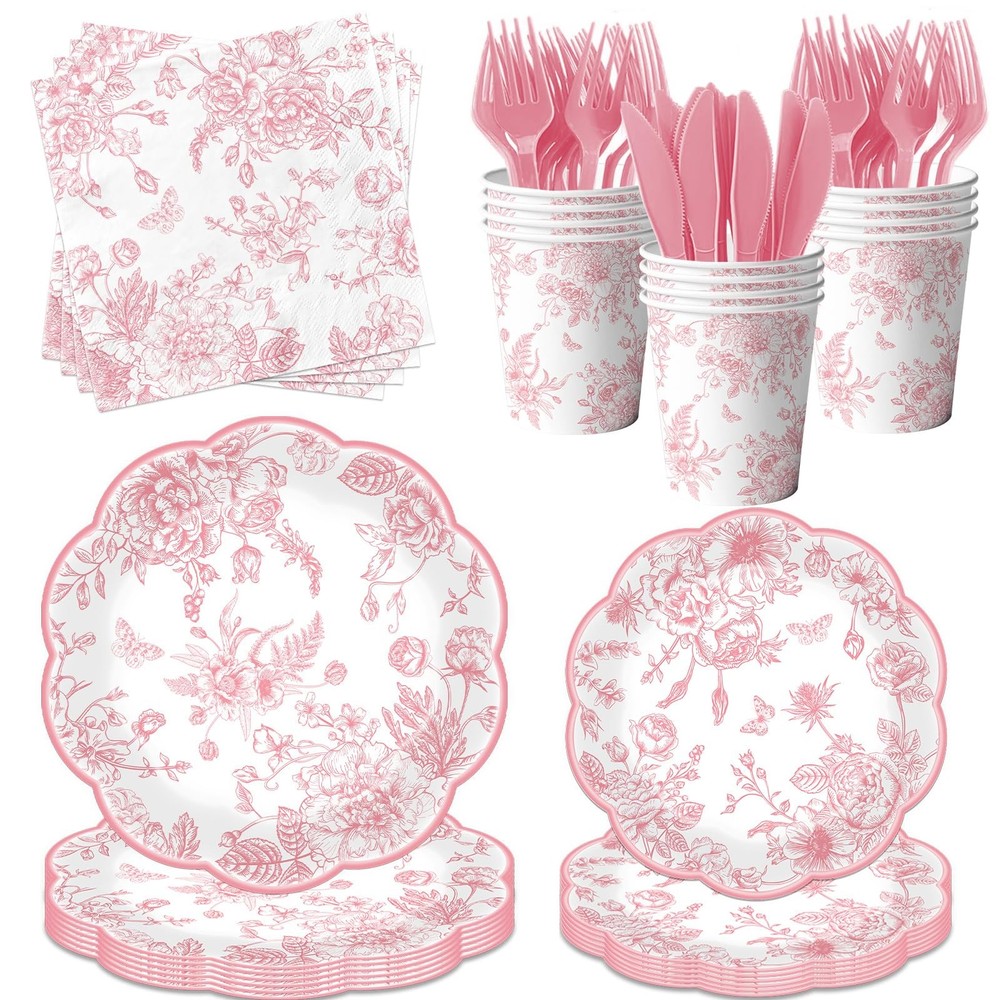Pink floral Paper Plates, 144Pcs Toile Scalloped Paper Plates and Napkins inc...