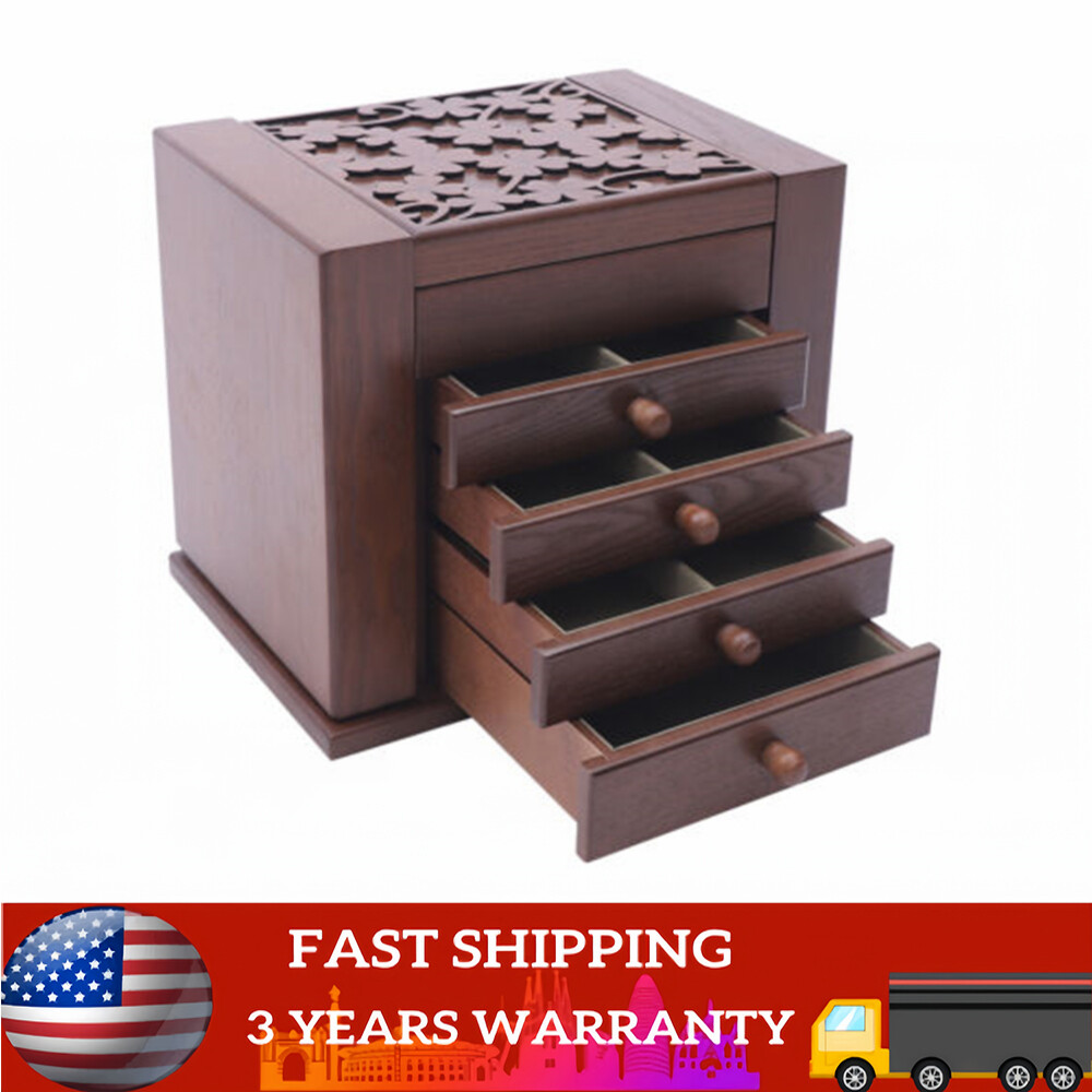 5 Layers Vintage Large Jewelry Organizer Wooden Storage Box Case with 4 Drawers