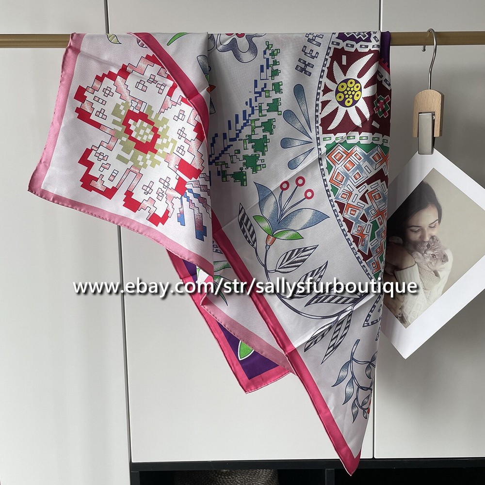 Sallys 18 Momme Floral Horse Print Double Face Silk Wrap Scarf Shawl 35 Inch