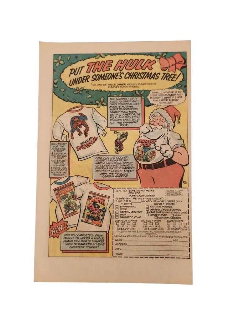 Vintage 1976 MARVEL COMICS T-SHIRT Christmas Print Ad Order Form Spiderman Hulk