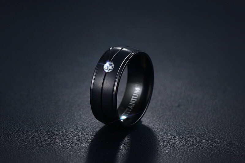 8 MM Titanium Steel Inlaid Cubic Diamond Fashion Black Men's Ring Size 8-12