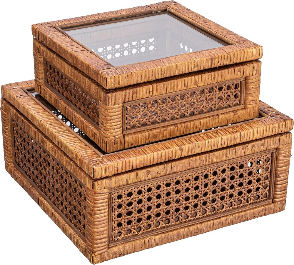 Modern Dark Brown Square Woven Rattan & Wood Decorative Tray