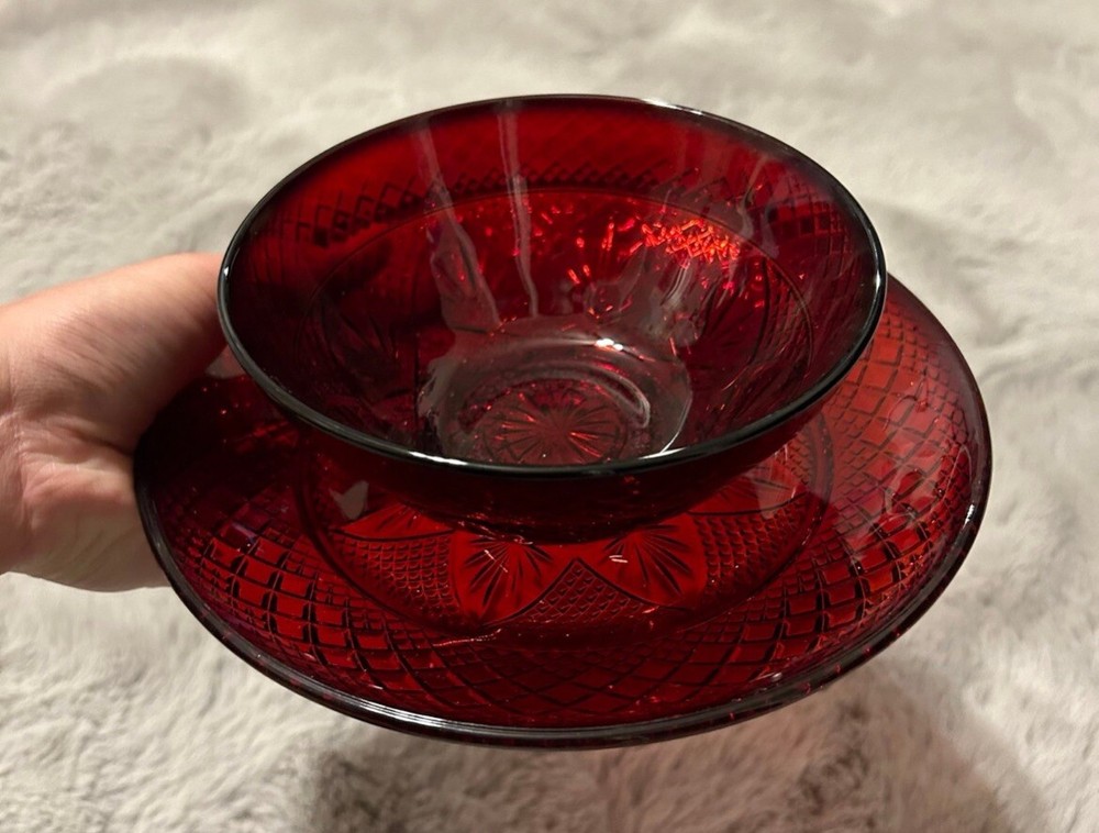 Set of Vintage Cristal D’Arques-Durand Antique Ruby Plates and Bowls - 10 Pieces