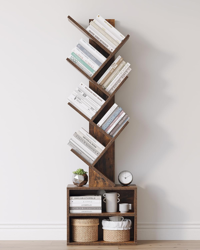 6 Tier Tree Bookshelf, Small Bookcase with Storage Cabinet, Modern Tall Narrow B