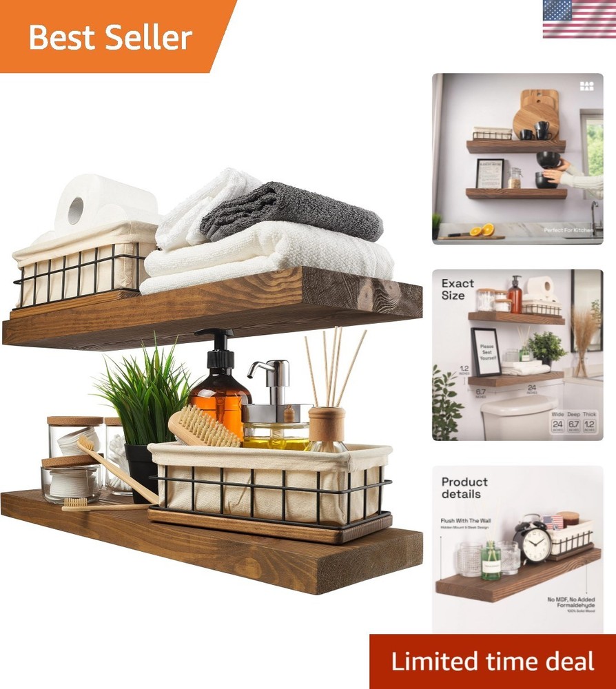 Handcrafted Dark Walnut Floating Shelves Set of 2 - 24 Inch Decorative Storage
