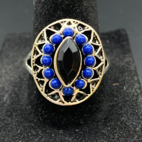 Vintage Antique Silver Tone Black CZ Rhinestone Cocktail Ring - Size 10