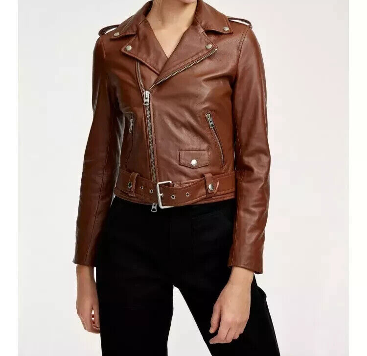 Women's Brown Pure Leather Jacket Motorcycle Real Lambskin Full Zip Jacket Coat