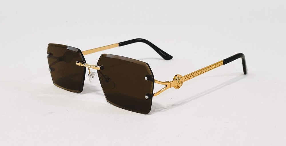 Hip Hop Rimless Rectangle Sunglasses Brown Lenses Metal Frame for Men and Women