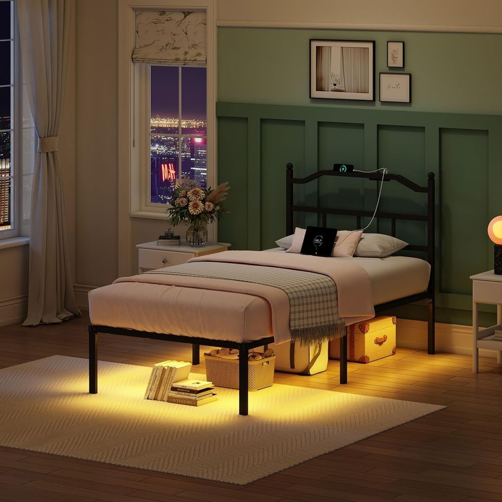 Bed Frame Twin Size with Charging Station and LED Lights, Upholstered Headboard