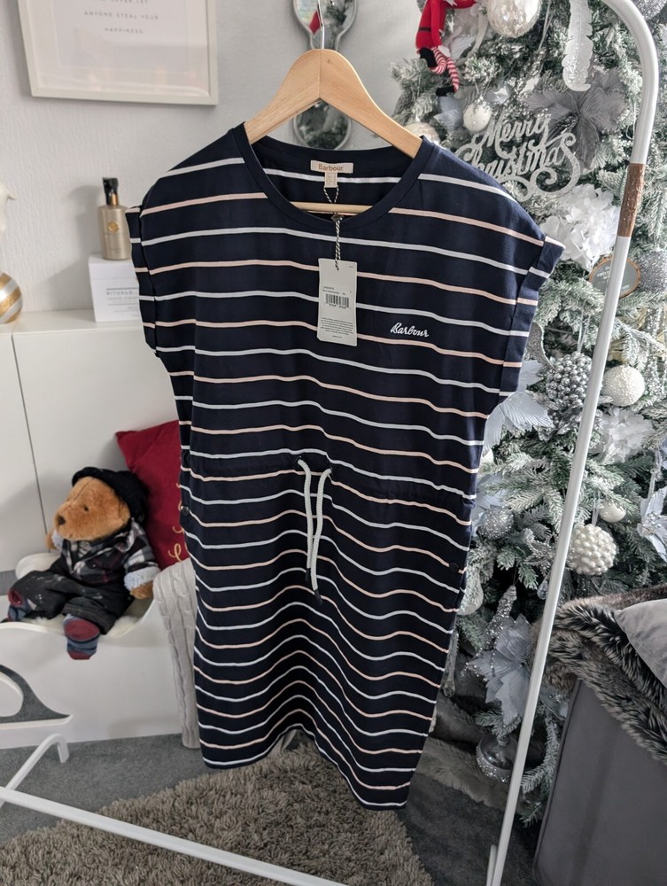 New Barbour Marloes Woman’s Ladies Navy Blue Striped Dress Pink White Stripe 8uk