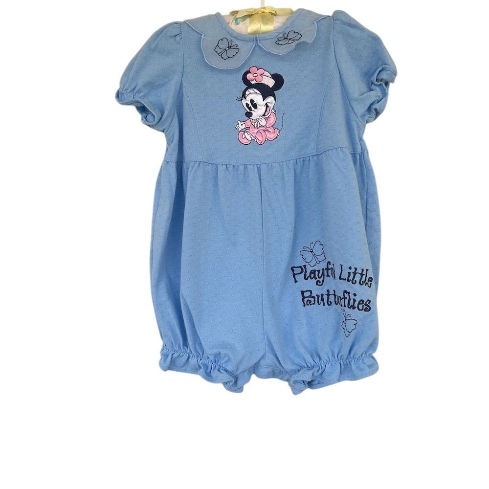 VTG Y2K Disney Minnie Mouse Baby Shortalls Romper Girls Blue Playful Butterflies