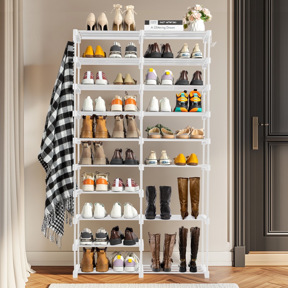 10-Tier White Shoe Rack with Iron Frame and Non-Woven Shelves 85x30x158cm-image