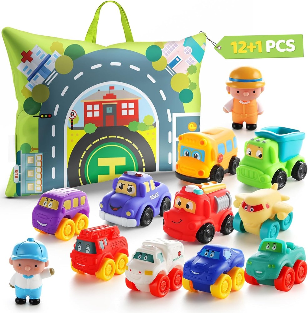 Soft Rubber Car Toys for 1-Year-Old Boys with Playmat & Storage Bag 12-Piece Set