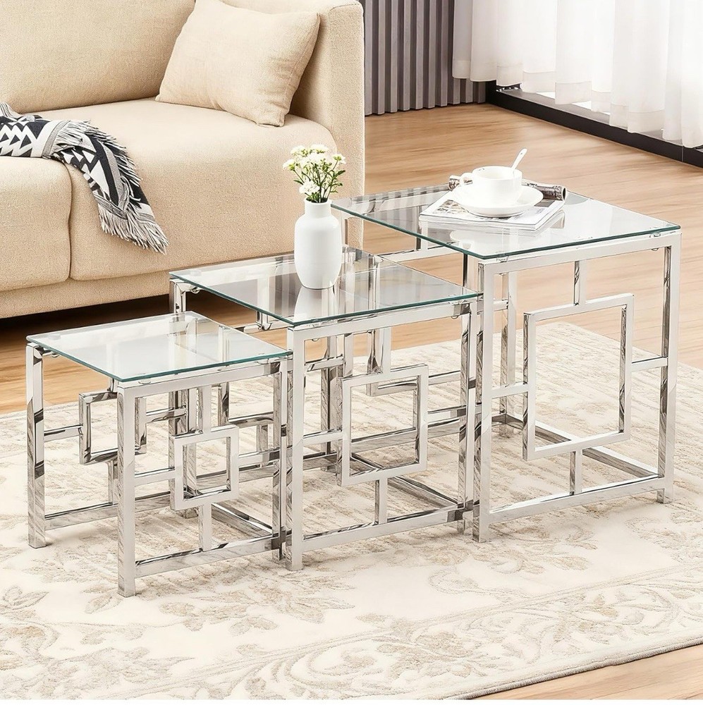 Set of 3 Glass Nesting Coffee Tables Stacking End Side Tables for Living Room
