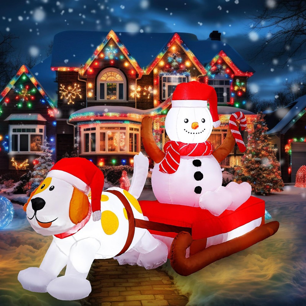 8 Ft Christmas Inflatable Snowman on Sleigh with Dog, LED Yard Decor