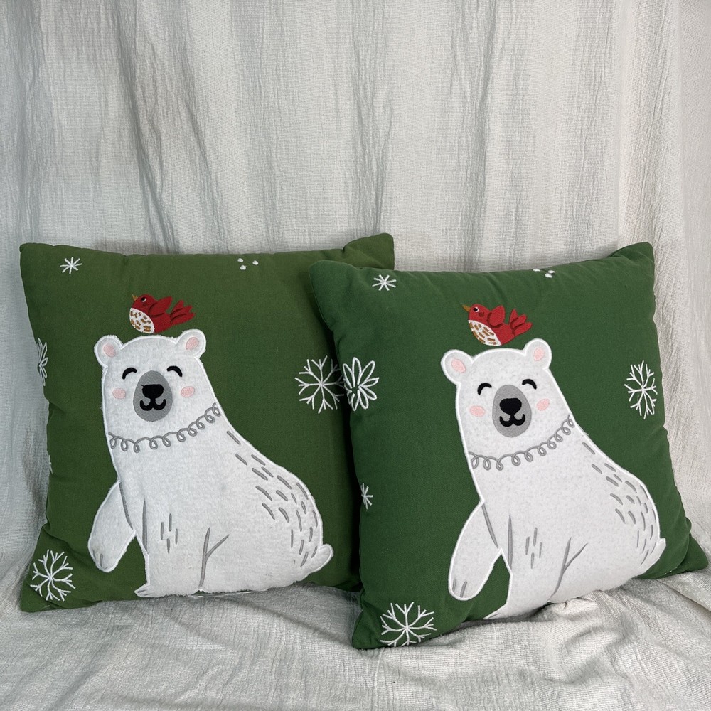 SET OF 2 Polar Bear Cardinal Christmas Accent Pillow 14” Holiday Snow Winter