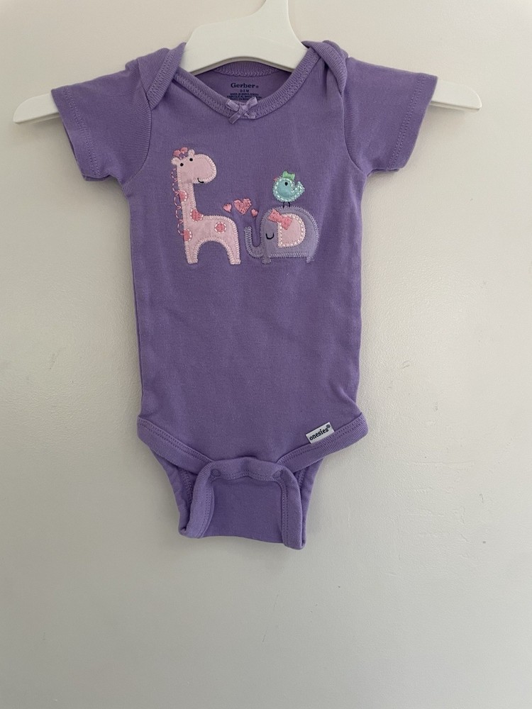 Gerber Baby Girls Cute Bird Giraffe 100% Cotton Short Sleeve Onesie Purple 0-3M