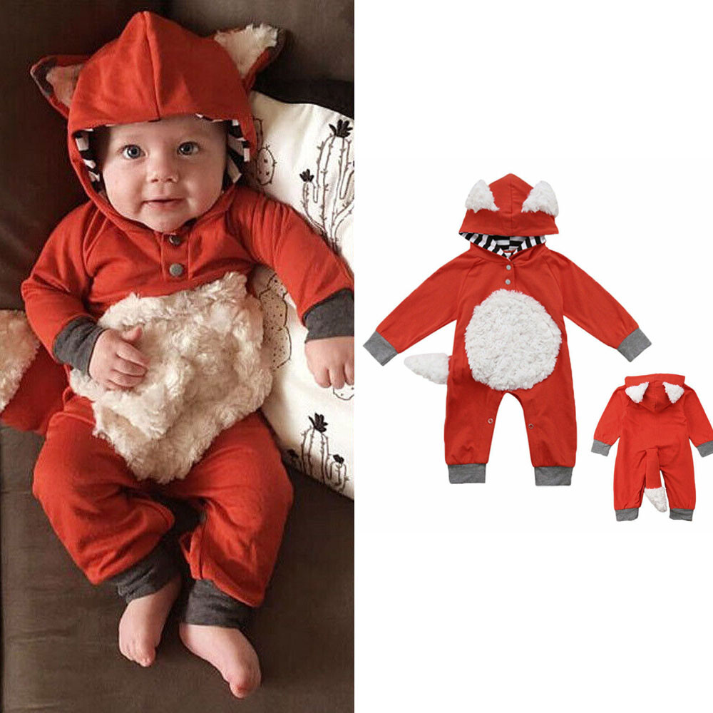 Newborn Baby Boy Girl Kids Fox Hooded Romper Jumpsuit Bodysuit Clothes Outfits