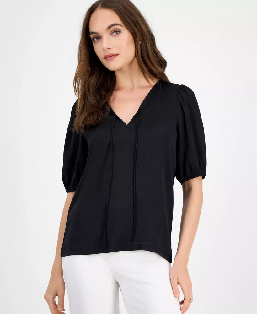 Anne Klein Women's Top Sz XL Puff-Sleeve V-Neck Tie-Front