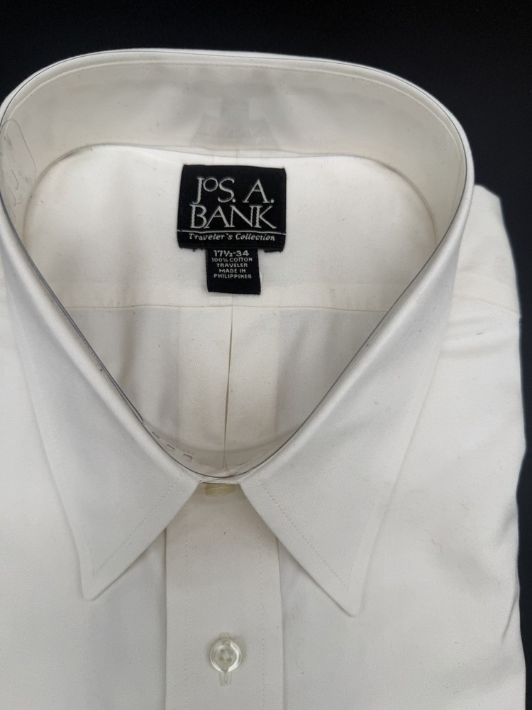 🤍✨Jos. A. Bank 17.5-34 Ivory Dress Shirt Cotton Traveler Button Up Tailored Fit